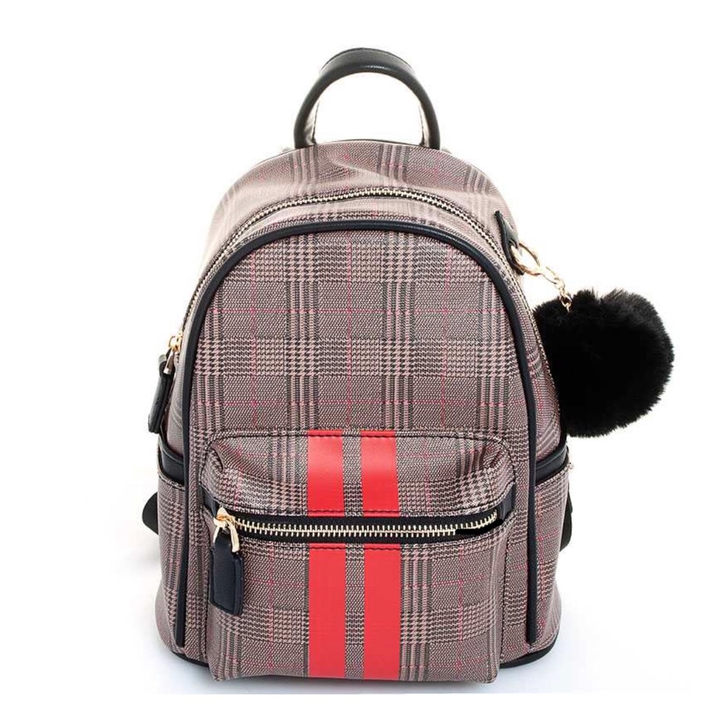 Trendy striped check pompom backpack.